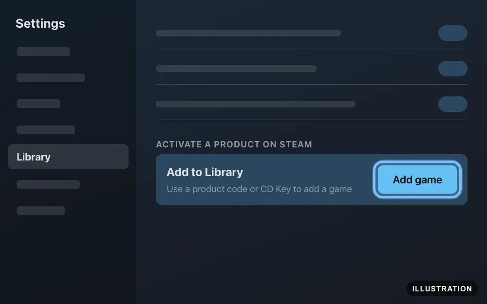 Illustration of Steam Deck Settings on the Library page, with Add to Library under Activate a product on Steam and the Add game button ringed