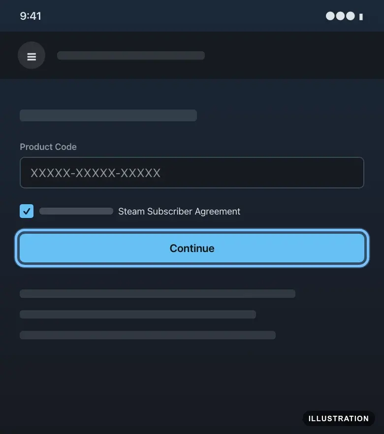 Illustration of Steam's product key page on a phone, with the Product Code box filled, the agreement box ticked and the Continue button ringed