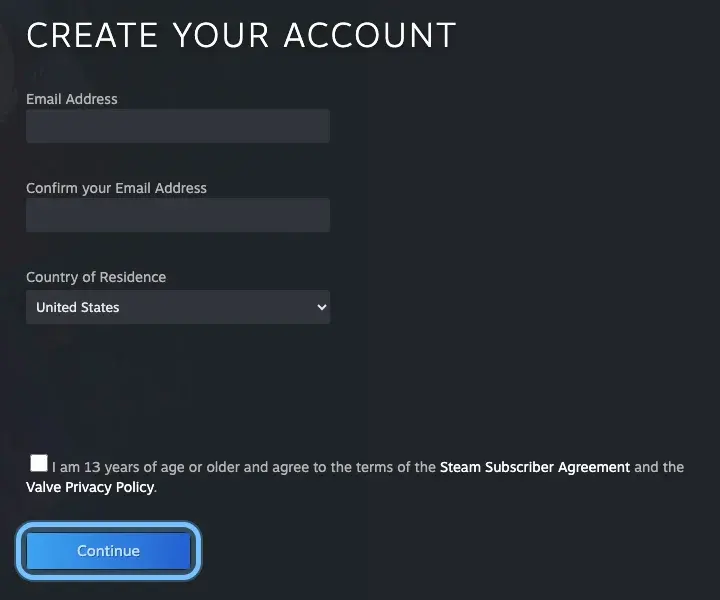 Steam's Create your account page, signed out and empty, with the Continue button ringed