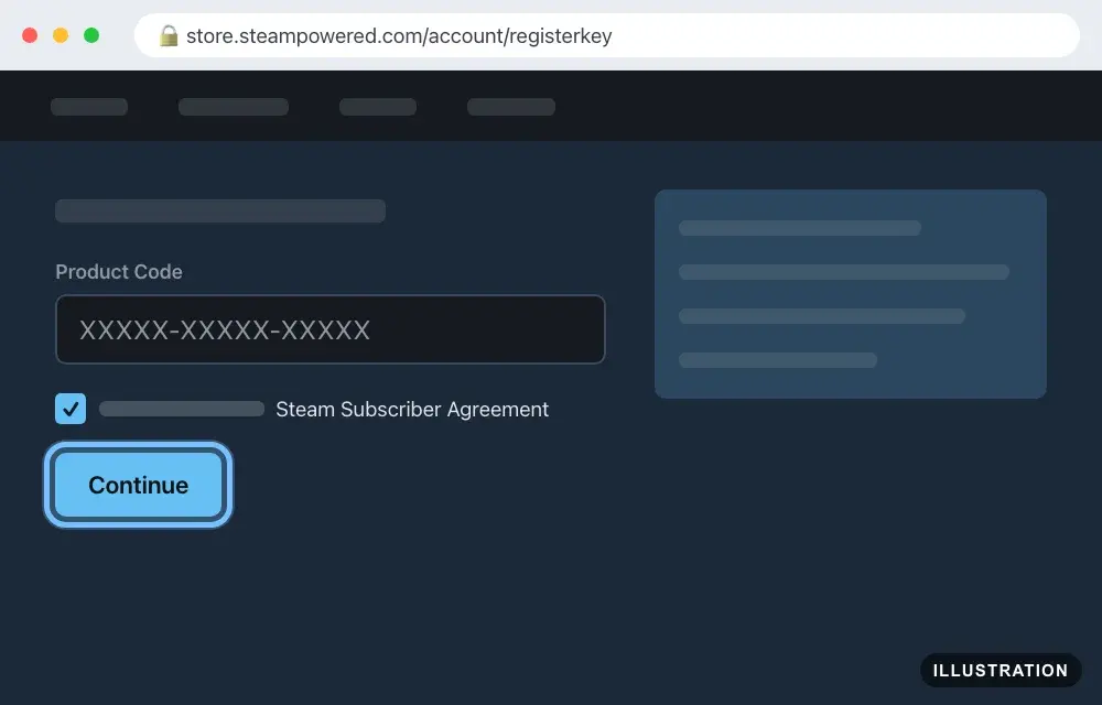 Illustration of Steam's product key page in a browser, with the Product Code box filled, the agreement box ticked and the Continue button ringed