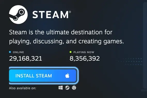 Steam's download page, with the Install Steam button ringed and the other systems' icons beside Also available on