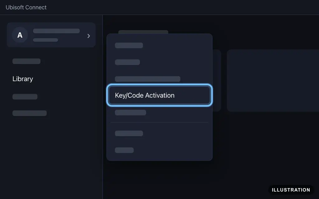 Illustration of Ubisoft Connect with the profile menu open beside your profile at the top left and Key/Code Activation ringed