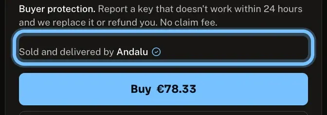 A game's page on Andalu with the line Sold and delivered by Andalu ringed above the Buy button