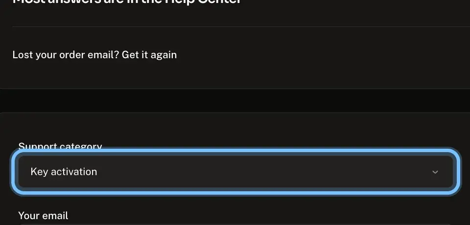 Andalu's Contact us form with Key activation already chosen under Support category, ringed