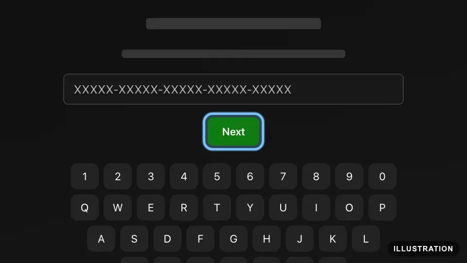 Illustration of the Xbox console code screen with the 25-character code field, the on-screen keyboard and the Next button ringed