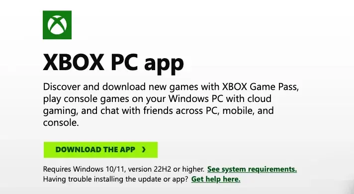 The Xbox PC app download page on xbox.com, showing the DOWNLOAD THE APP button and the Windows version it needs