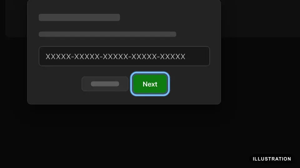 Illustration of the Xbox app for PC redeem window with the 25-character code field and the Next button ringed