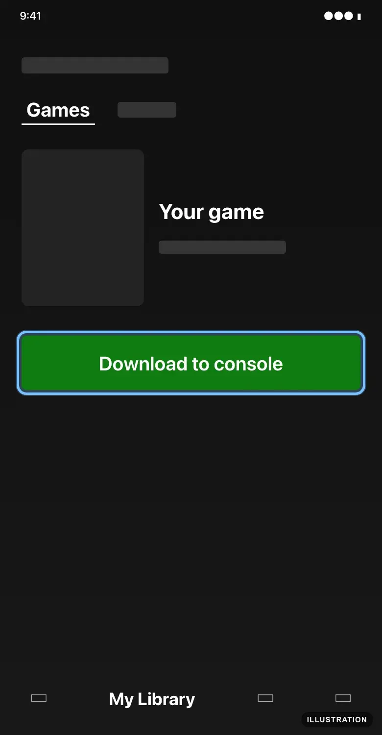 Illustration of the Xbox app on a phone, on the My Library tab under Games, with Download to console ringed