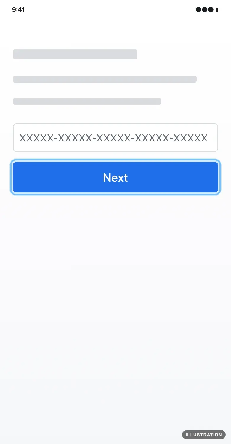 Illustration of Microsoft's redeem page in a phone browser with the 25-character code field and the Next button ringed