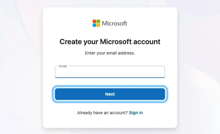 Microsoft's Create your Microsoft account page, signed out, with the email field empty and the Next button ringed
