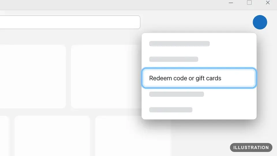 Illustration of the Microsoft Store app on Windows with the account menu open at the top right and Redeem code or gift cards ringed