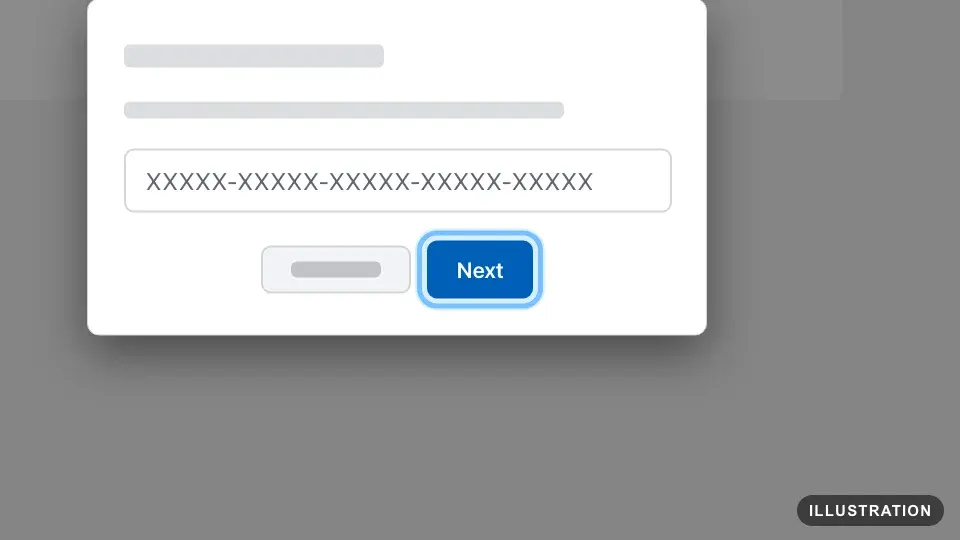 Illustration of the Microsoft Store app's redeem window with the 25-character code field and the Next button ringed