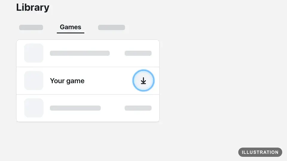 Illustration of the Microsoft Store app's Library on Windows, filtered to Games, with the Download icon next to a game ringed