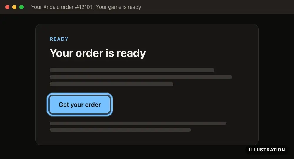 Illustration of the Andalu order email, Your order is ready, with the Get your order button ringed